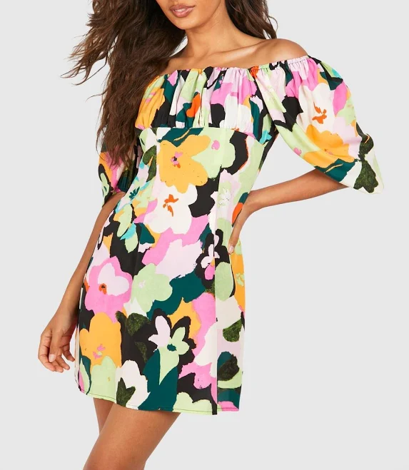 off-shoulder top Boohoo Women's Floral Puff Sleeve Smock Dress Nasty Gal - US $22.4