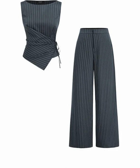 two piece set Boss Vibes Women's Striped Boat Neck Wrap Top and Straight Leg Trousers Set Cider $39.9