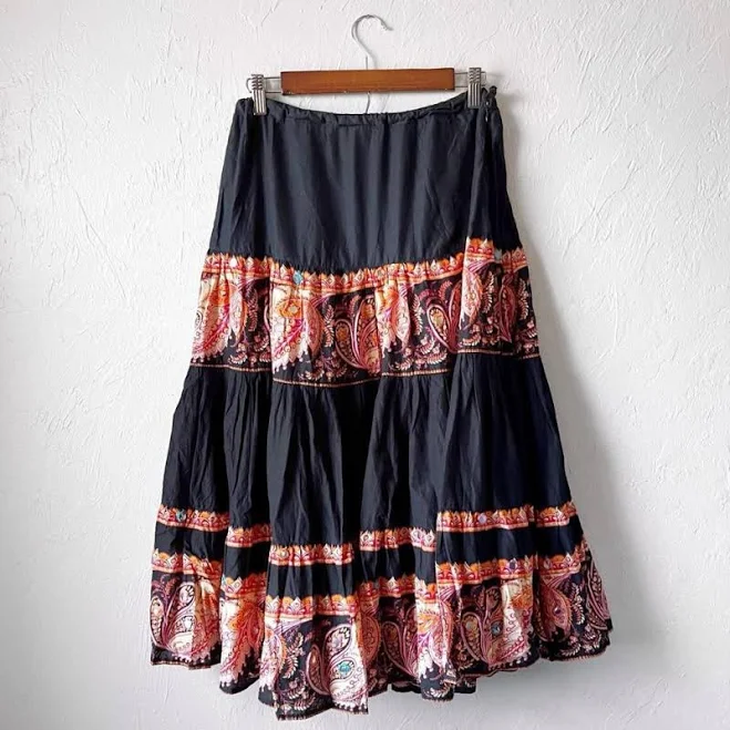 skirt Boston Proper Skirts | Y2k Boston Proper Mirrorwork Orange Paisley Hippie Boho Tiered Flowy Midi Skirt | Color: Black/Orange | Size: L | Maandie's Poshmark $28