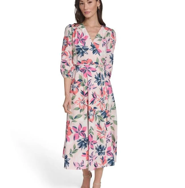 dress Calvin Klein Women's Faux Wrap Midi Dress - Blossom Multi - Size 2 Macy's $169