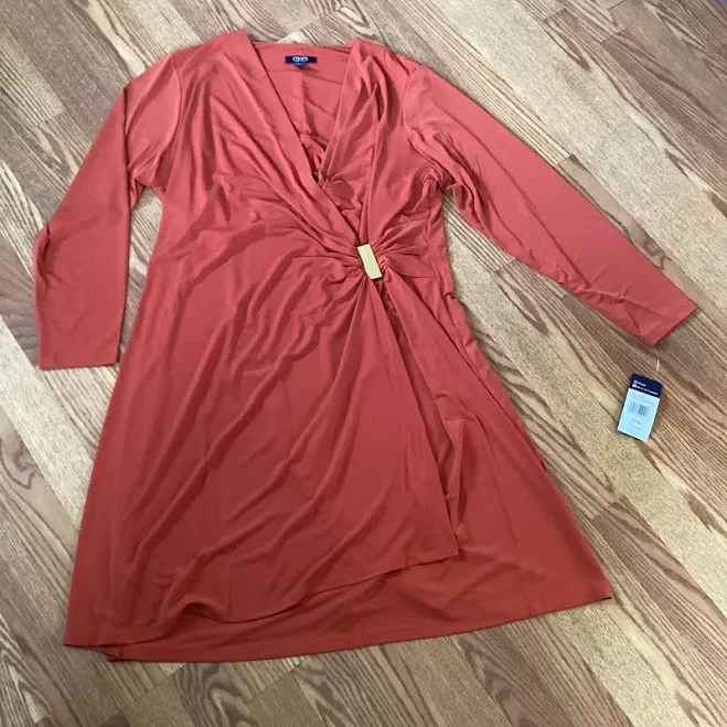 dress Chaps Spicy Orange Gathered Waist Vneck Faux Wrap Dress Size 20w eBay - twolynnes $33