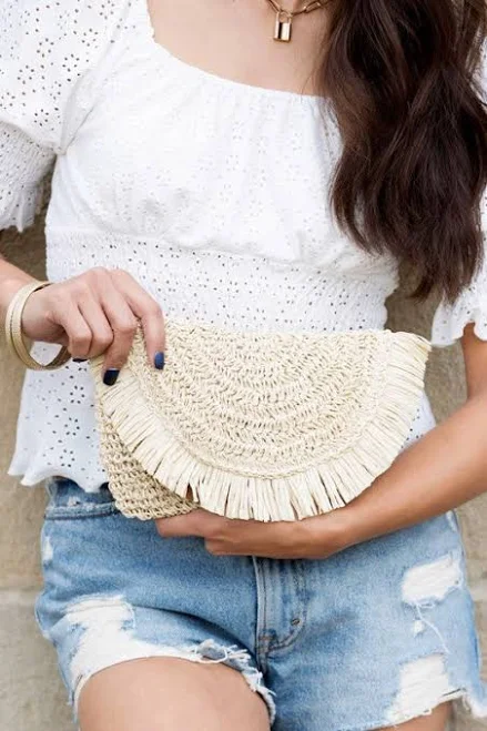 bag Chic Fringe Fold-Over Straw Clutch Accessoriesforever $27.95