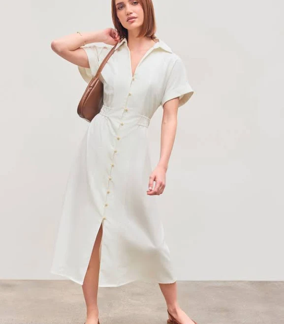 dress CIDER Women's Linen-blend Solid Collar Shirred Button Midi Shirt Dress Office Cider $44.91