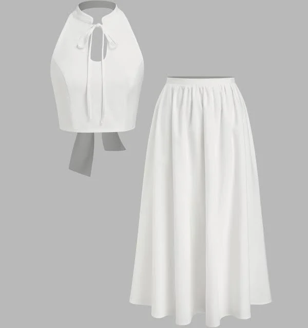 outfits CIDER Women's Woven Linen-blend Halter Neck Stand Collar Backless Knotted Top & Maxi Skirt Set Vacation Daily Casual Cider $28.74