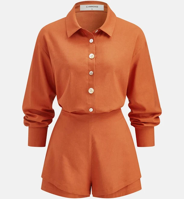 two piece set Commense Linen Blend Shirt & Layered Hem Shorts Set Commense $56