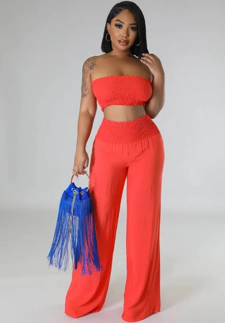 matching set Coral Two Piece Strapless Crop Top Pants Set eBay $30