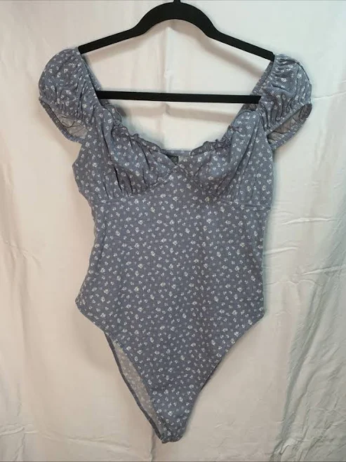bodysuit Cottagecore Boho Blue Floral Bodysuit M Puff Sleeve Sweetheart eBay $12.99
