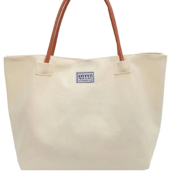 bag Cotton Canvas Tote Bag with PU Leather Handles Green Walnut Inc, $25.83