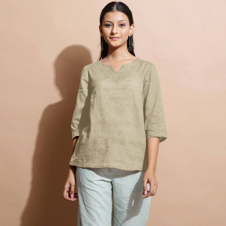 top Cotton Linen Split-Neck Tunic Top SeamsFriendly $52