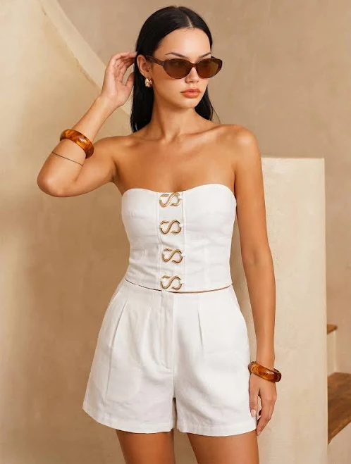 matching set Cotton Linen Strapless Top & Shorts Set Commense $54