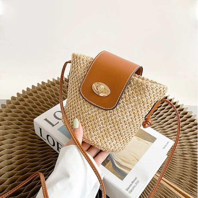 bag DEHOME Mini PU Mix Raffia Straw Bucket Crossbody Bag Dehome $36.29