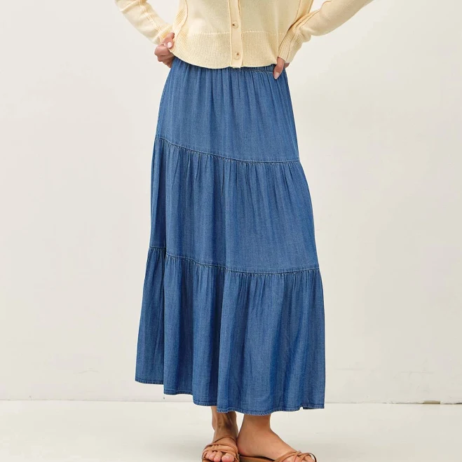 skirt Denim Look Tencel Tiered Maxi Skirt Lulu Bella Boutique $49.99