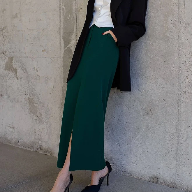 skirt Emerald Midi Skirt High Slit Design Elagia $99