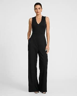 jumpsuit Express Women's Signature Ponte V-Neck Cross Back Wide Leg Jumpsuit with Pockets Express $88