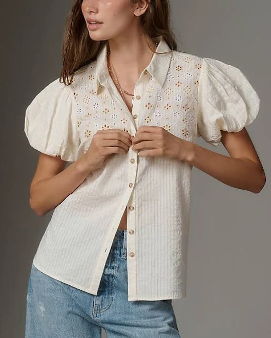 top Eyelet Puff-Sleeve Blouse by Pilcro in Ivory, Size: XL at Anthropologie Anthropologie $138
