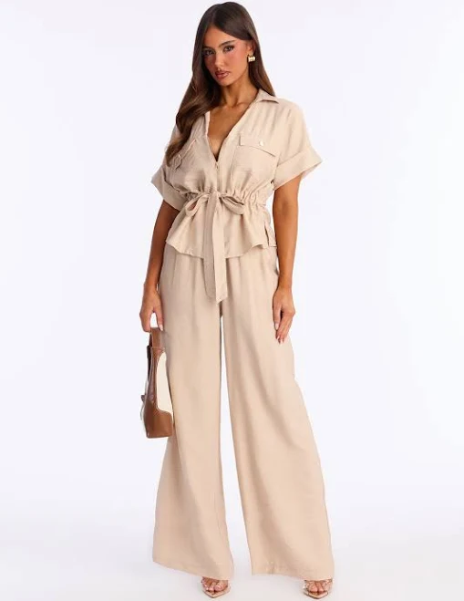 matching set Fashion Nova Linen Short Sleeve Button Up Shirt and Wide Leg Pant Set Fashion Nova $19.99