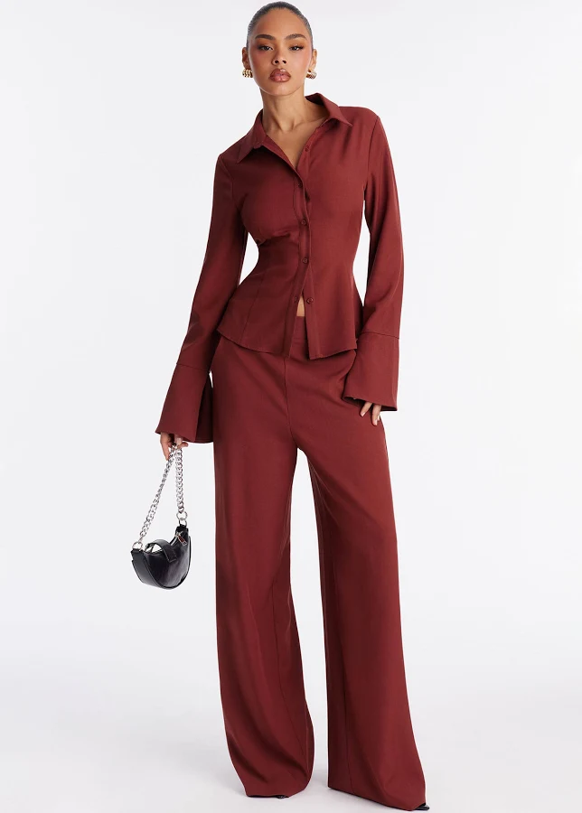 outfits Fashion Nova Long Sleeve Button Up Shirt and Wide Leg Pant Set Fashion Nova $17.98