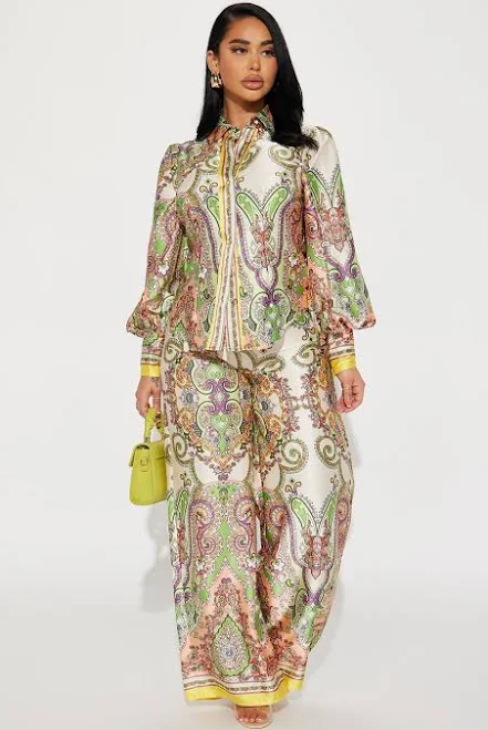 outfits Fashion Nova Long Sleeve Satin Button Up Shirt Wide Leg Pant Set Fashion Nova $41.99