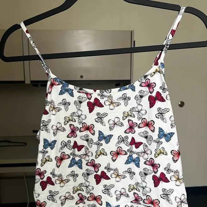 top Fashion Nova White Butterfly Crop Spaghetti Strapped Top - New Women | Color: White/Red/Blue | Size: L Mercari $10