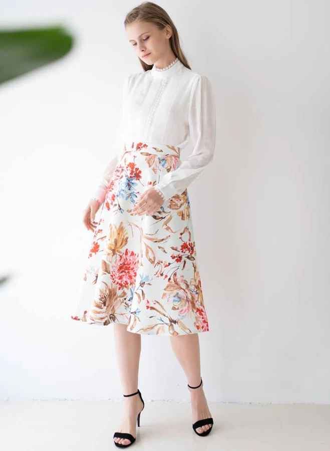 skirt Floral Print A-Line Midi Skirt Chicwish $29.9