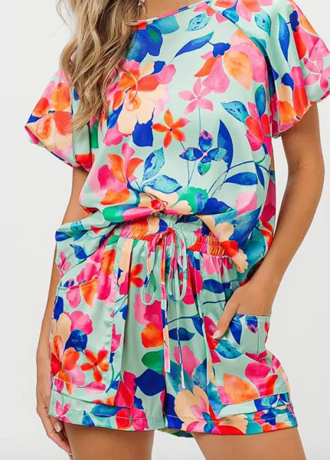 matching set Floral Puffy Sleeve Blouse & Matching Shorts Set small Style House Boutique $51