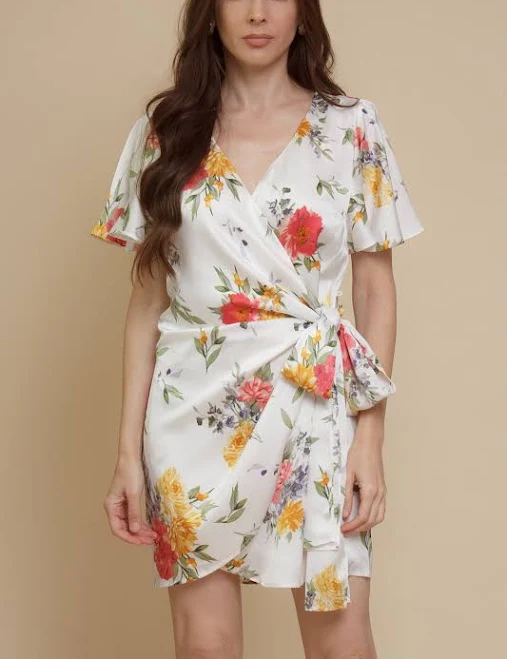 dress Floral Satin Mini Wrap Dress Franklin Sunset $46
