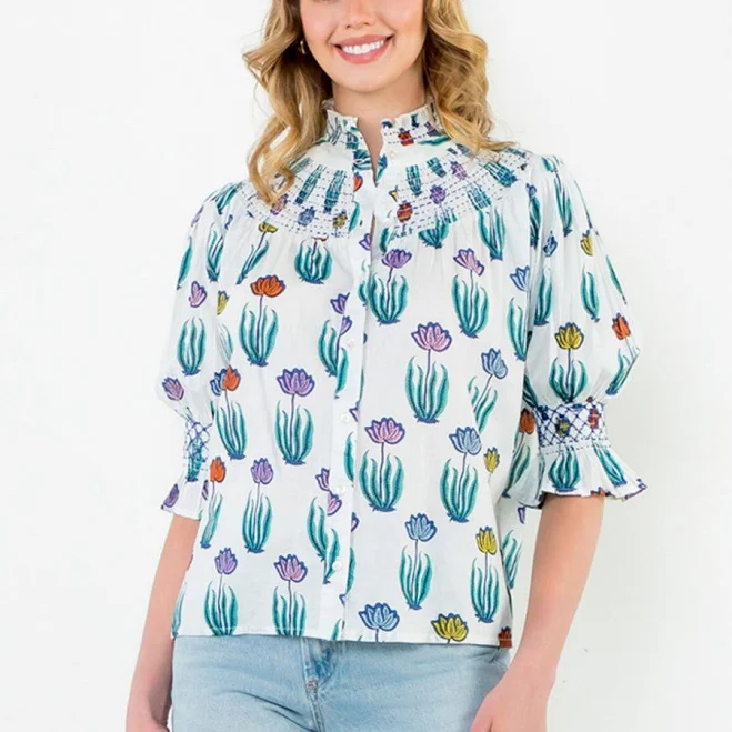 top Floral Smocked Neck Puff Sleeve Top Smock Candy $60