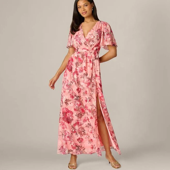 dress Flutter Sleeve Floral Print Embroidered Wrap Maxi Dress Adrianna Papell $179