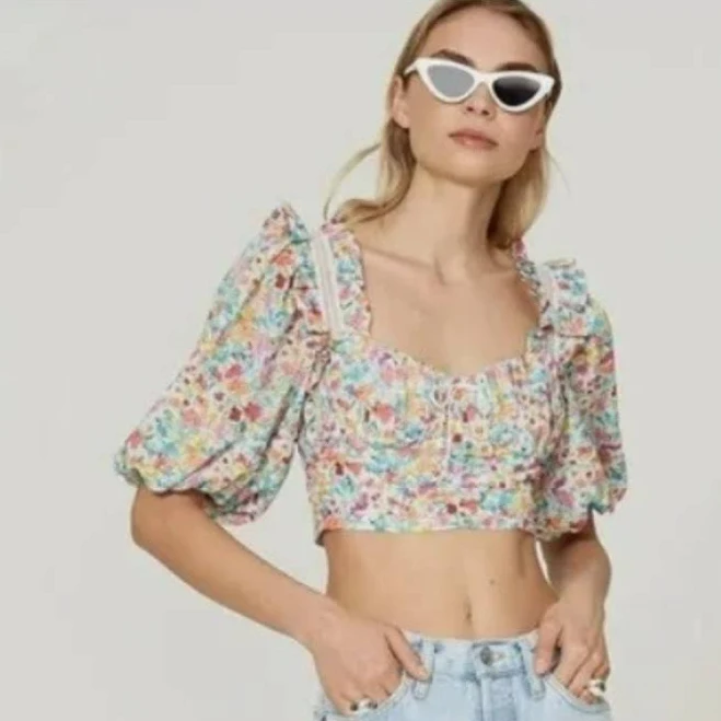 top For Love And Lemons Tops | For Love And Lemons - Floral Square-Neck Puff Sleeve Crop Top - Multi | Color: Pink/White | Size: S | Pm-52112690's Closet Poshmark $50