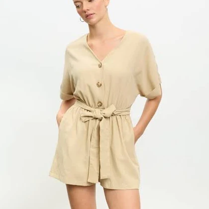 romper Glassworks London Linen Blend Button Front Tie Waist Romper Glassworks London $133