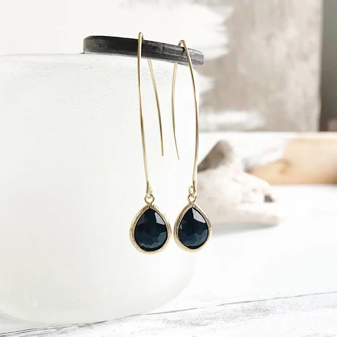accessory Gold Dangle Earrings with Black Stone Drop Etsy - RusticGem $26.25