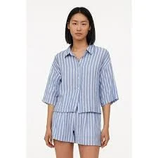 matching set H & M Blue And White Striped Linen Short And Button Down Shirt Set Size Medium Poshmark $21