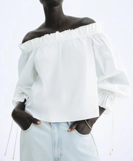 off-shoulder top H&M Ladies Off-The-Shoulder Poplin Blouse H&M $29.99
