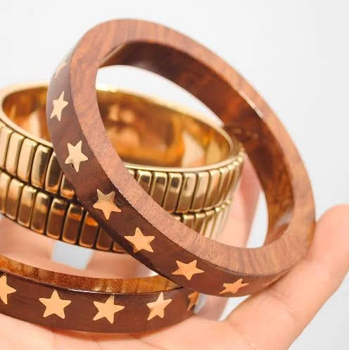 accessory Handcrafted Wooden Bangle Set with Brass & Steel Accent Etsy - Seller $28.95