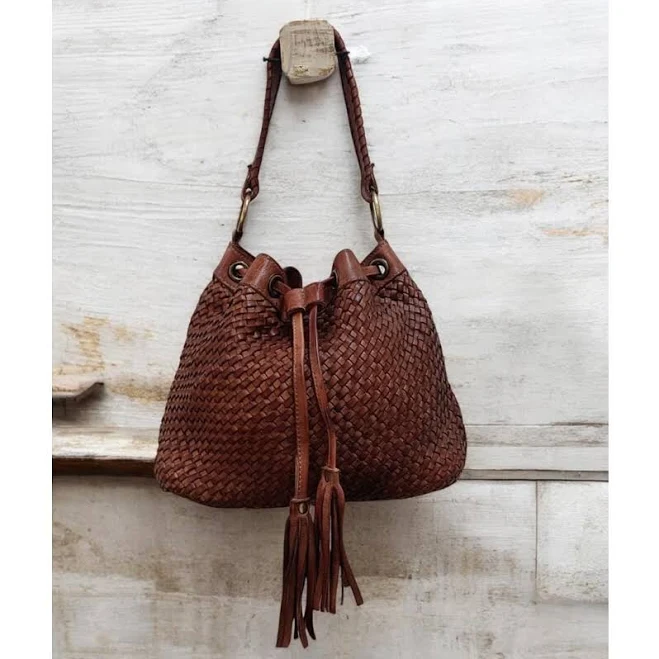 bag Handcrafted Woven Leather Bucket Bag with Drawstring Etsy - Seller $118.4