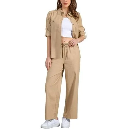 two piece set Inspire Chic Women's 2 Piece Linen Button Down Shirt and Drawstring Pants Outfit Walmart - Tasharina Corp $60.49