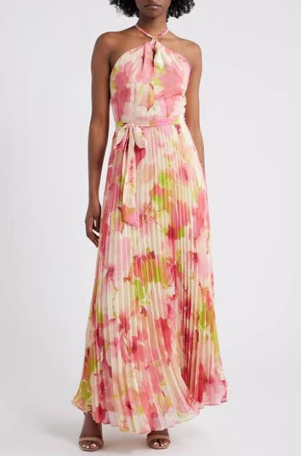dress Julia Jordan Women's Floral Pleated Chiffon Halter Maxi Dress Nordstrom $159