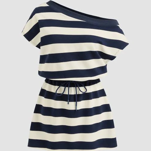 dress Knit Fabric Cotton-Blend Asymmetrical Neck Drawstring Stripe Mini Dress Cider $34.9