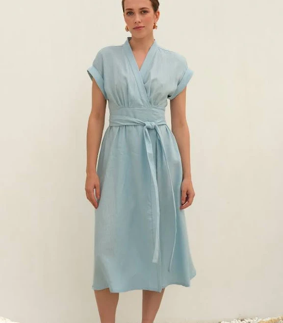 dress Light Blue Linen Wrap Midi Dress – Soft chelie.us $176