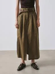 skirt Linen Blend Belted Pleated Slit Detail A-Line Midi Skirts urbanrevivo $76.9