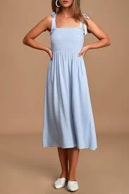dress Looking Up Light Blue Smocked Tie-Strap Midi Dress lulus.com $39.2