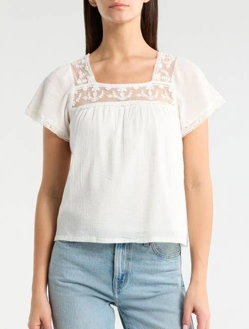 top Lucky Brand Women's Lace Mesh Square Neck Cotton Top Nordstrom $35.77