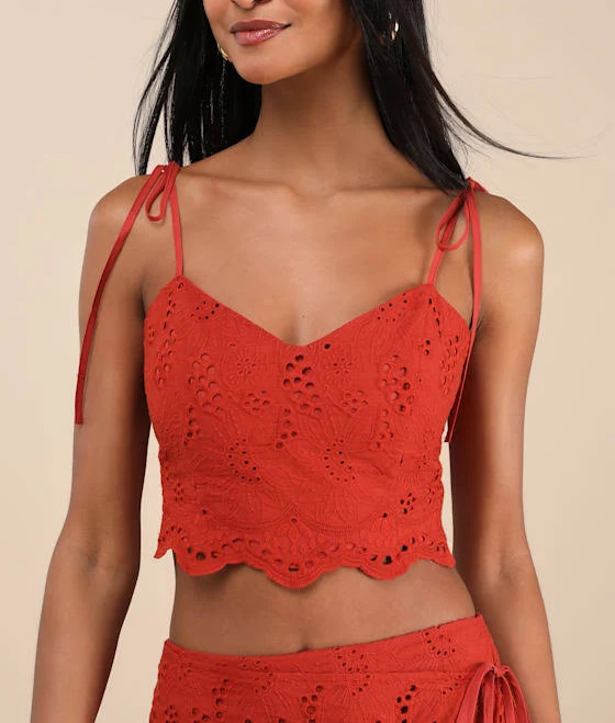 top Lulus Rust Red Eyelet Embroidered Tie-Strap Tank Top Womens Lulus $45