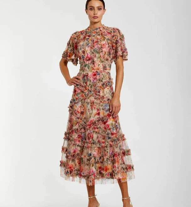 dress Mac Duggal Floral Flutter Sleeve Mesh Print Midi Dress Mac Duggal $498