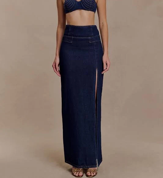 skirt Maylena High-Rise Denim Maxi Skirt meshki.us $115