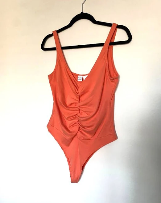 bodysuit Melrose And Market Coral V Neck Bodysuit With Ruched Details Size L eBay $9.99