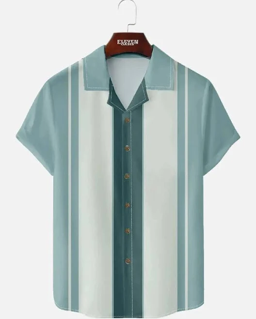 button down shirt Men's Classic Color-block Panel Stripe Camp Collar Short Sleeve Shirt Eleven Oasis $34.99