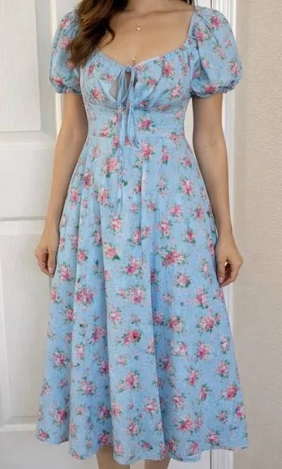 dress Milkmaid Blue Pink Floral Bodice Midi Dress-m-cottagecore Summer eBay $19.99