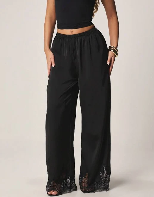 pants Missguided Wide Leg High Rise Flowing Palazzo Trousers with Lace Trim Hem missguided $25.83