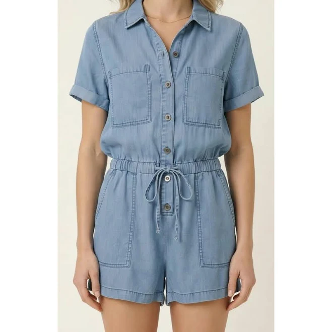 romper Modenaire Women's Utility Button-Up Denim Romper with Pockets and Drawstring Nordstrom $115